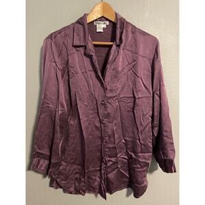 WinterSilks Button Up Shirt Womens Medium Purple Silk Satin Basic Long Sleeve
